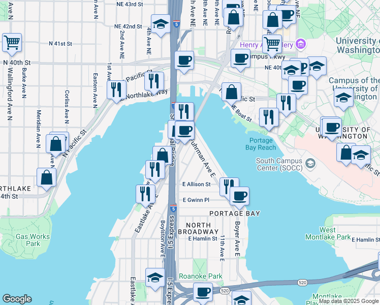 map of restaurants, bars, coffee shops, grocery stores, and more near 3218 Franklin Avenue East in Seattle