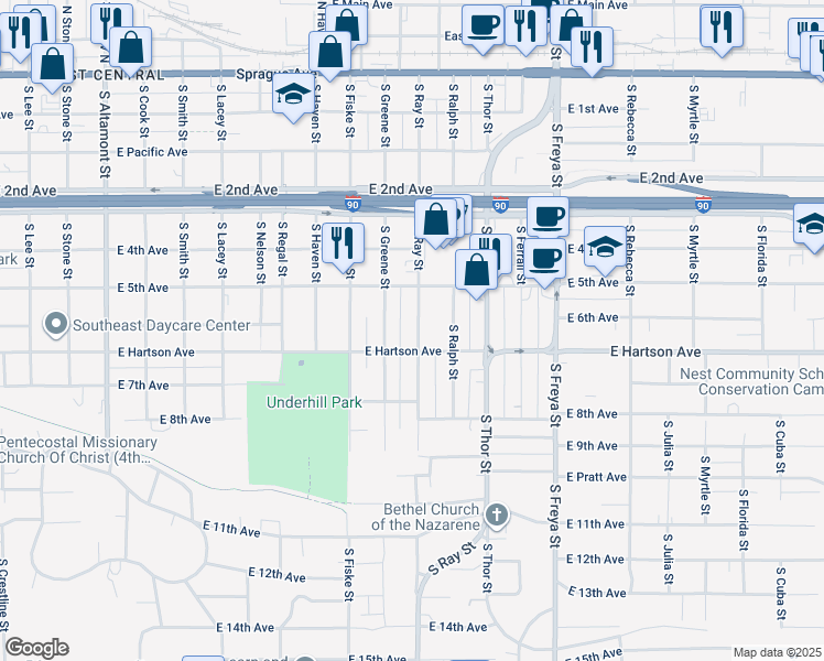 map of restaurants, bars, coffee shops, grocery stores, and more near 606 South Ray Street in Spokane