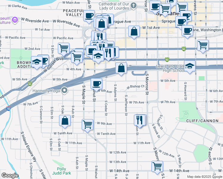 map of restaurants, bars, coffee shops, grocery stores, and more near 1310 West 6th Avenue in Spokane