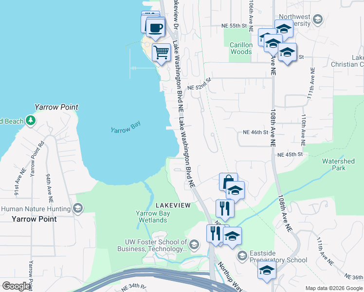 map of restaurants, bars, coffee shops, grocery stores, and more near 4511 Lake Washington Boulevard Northeast in Kirkland