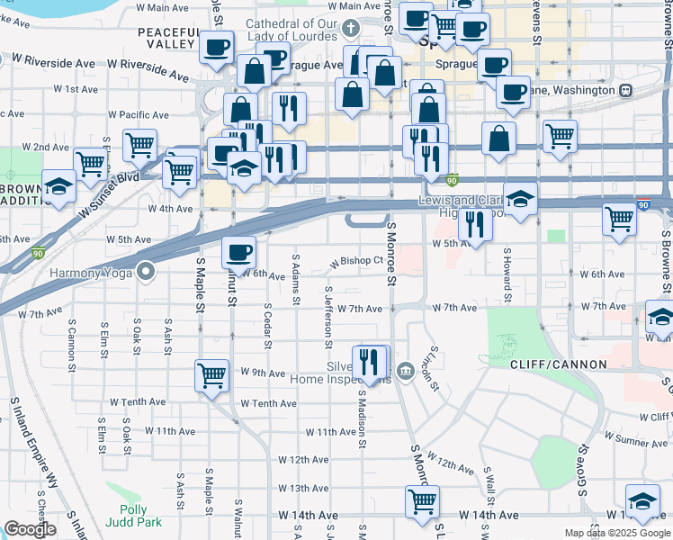 map of restaurants, bars, coffee shops, grocery stores, and more near 1128 W 6th Ave in Spokane