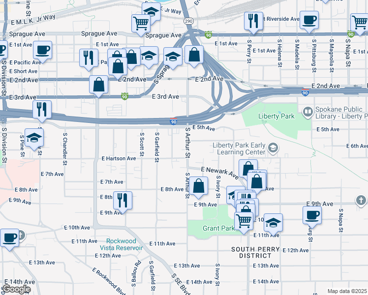 map of restaurants, bars, coffee shops, grocery stores, and more near 611 South Conklin Street in Spokane