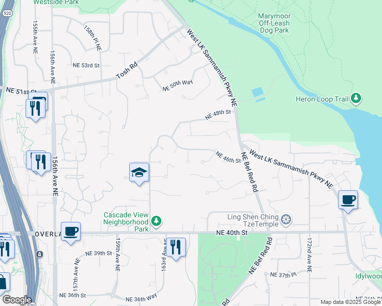 map of restaurants, bars, coffee shops, grocery stores, and more near 16503 Northeast 46th Street in Redmond