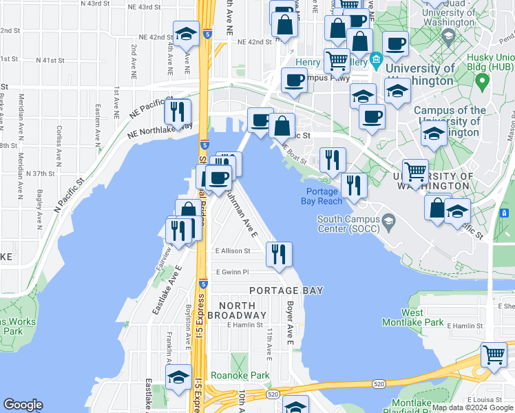 map of restaurants, bars, coffee shops, grocery stores, and more near 3200 Portage Bay Place East in Seattle