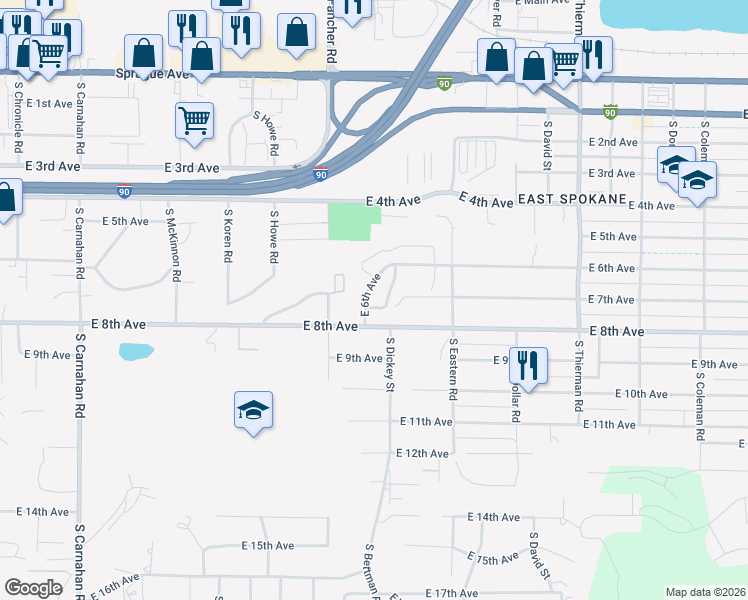 map of restaurants, bars, coffee shops, grocery stores, and more near 6010 East 6th Avenue in Spokane Valley