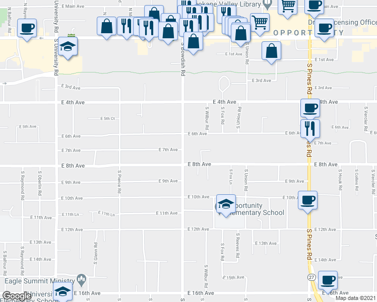 map of restaurants, bars, coffee shops, grocery stores, and more near 705 South Bowdish Road in Spokane Valley