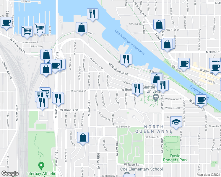 map of restaurants, bars, coffee shops, grocery stores, and more near 815 West Argand Street in Seattle