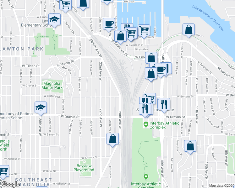 map of restaurants, bars, coffee shops, grocery stores, and more near 3407 Gilman Avenue West in Seattle