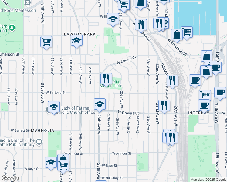 map of restaurants, bars, coffee shops, grocery stores, and more near 2650 West Bertona Street in Seattle