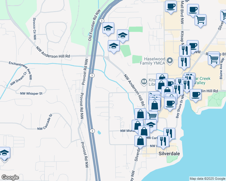 map of restaurants, bars, coffee shops, grocery stores, and more near 9557 Silverdale Loop Road Northwest in Silverdale