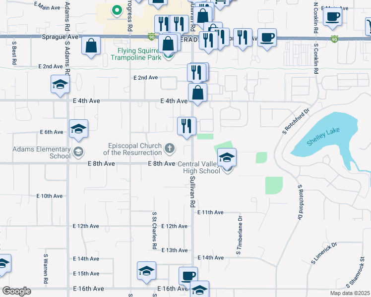 map of restaurants, bars, coffee shops, grocery stores, and more near 709 South Century Court in Spokane Valley