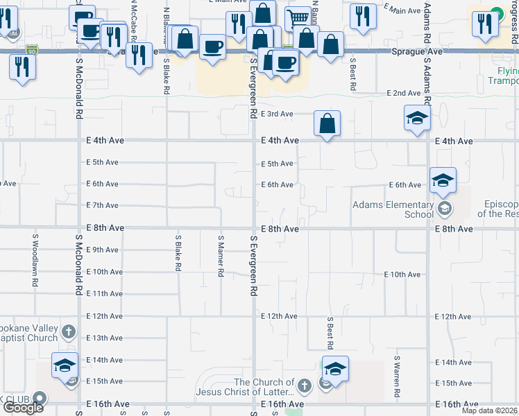 map of restaurants, bars, coffee shops, grocery stores, and more near 701 South Evergreen Road in Spokane Valley