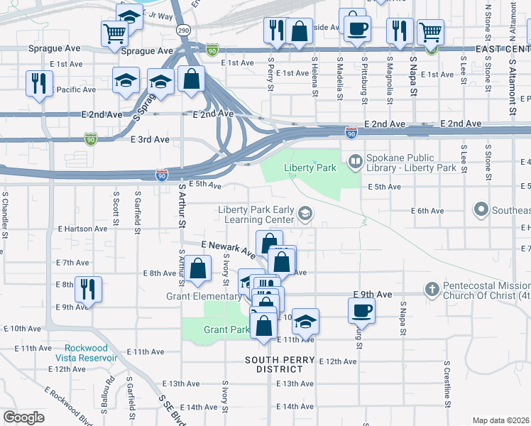 map of restaurants, bars, coffee shops, grocery stores, and more near 622 South Perry Street in Spokane