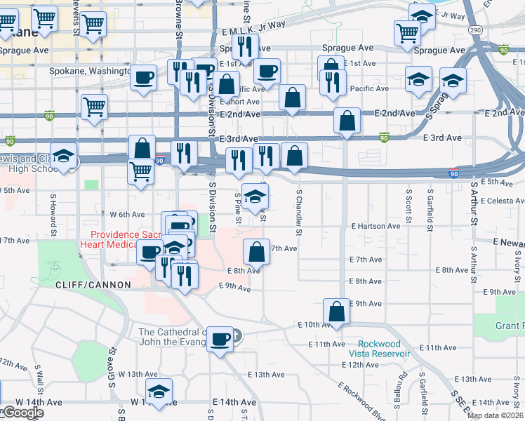 map of restaurants, bars, coffee shops, grocery stores, and more near 608 South Cowley Street in Spokane
