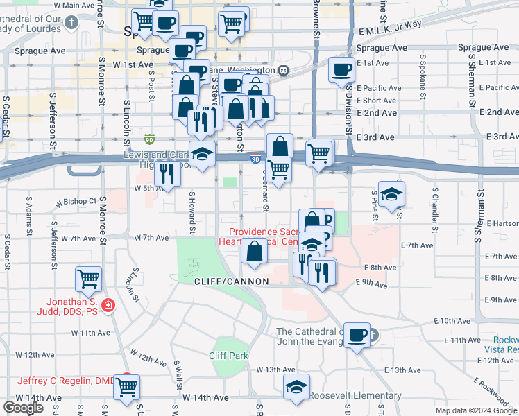 map of restaurants, bars, coffee shops, grocery stores, and more near in Spokane