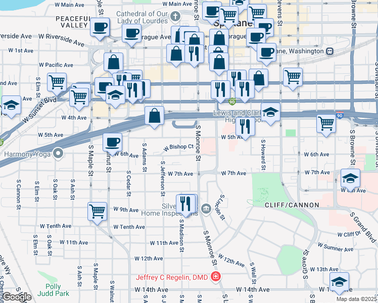 map of restaurants, bars, coffee shops, grocery stores, and more near 1026 West 6th Avenue in Spokane