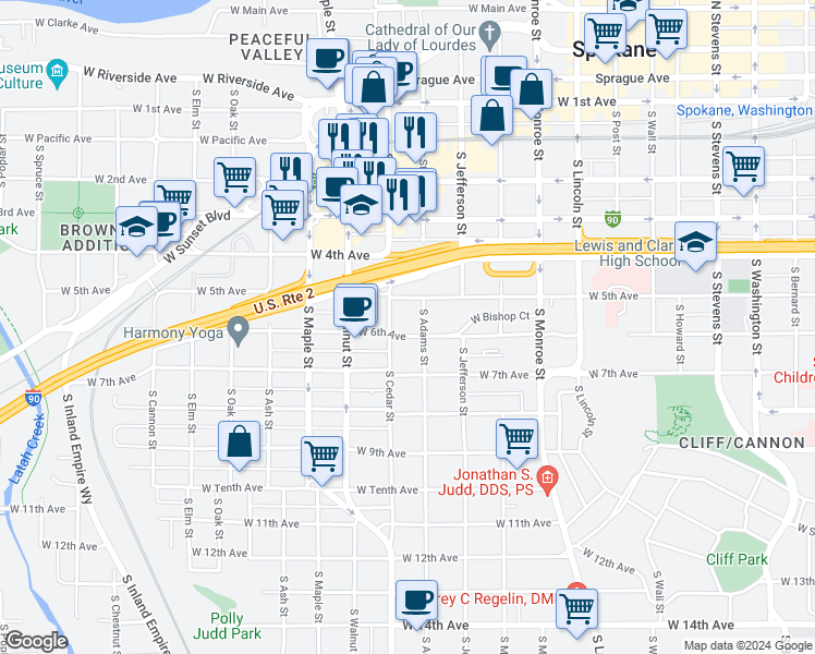 map of restaurants, bars, coffee shops, grocery stores, and more near 1310 West 6th Avenue in Spokane