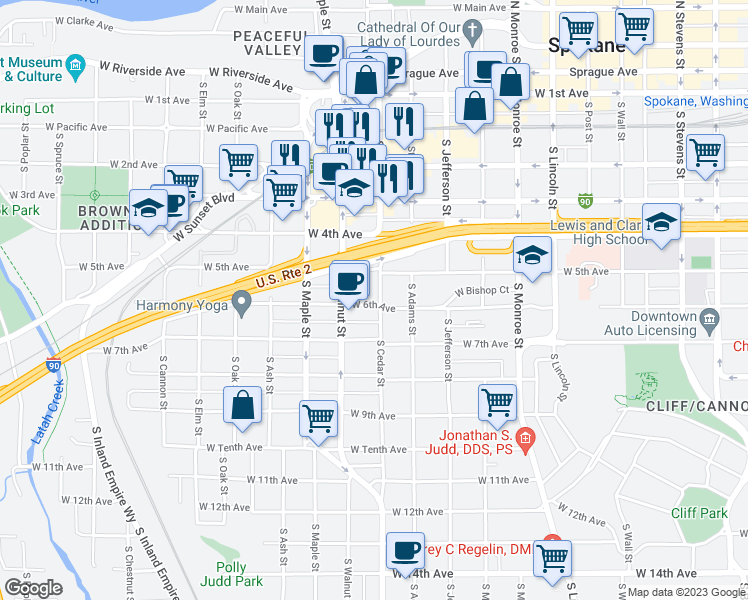map of restaurants, bars, coffee shops, grocery stores, and more near 1310 West 6th Avenue in Spokane