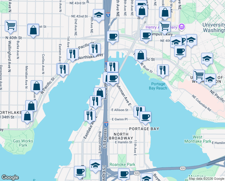 map of restaurants, bars, coffee shops, grocery stores, and more near 3218 Eastlake Avenue East in Seattle