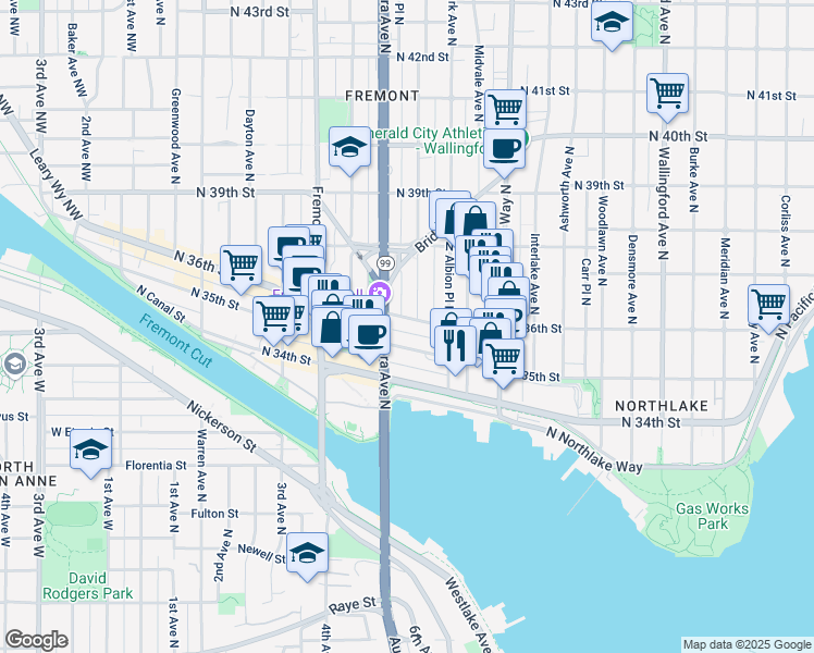 map of restaurants, bars, coffee shops, grocery stores, and more near 906 North 35th Street in Seattle