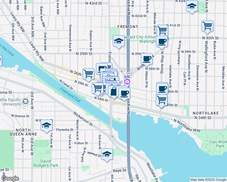 map of restaurants, bars, coffee shops, grocery stores, and more near 720 North 35th Street in Seattle