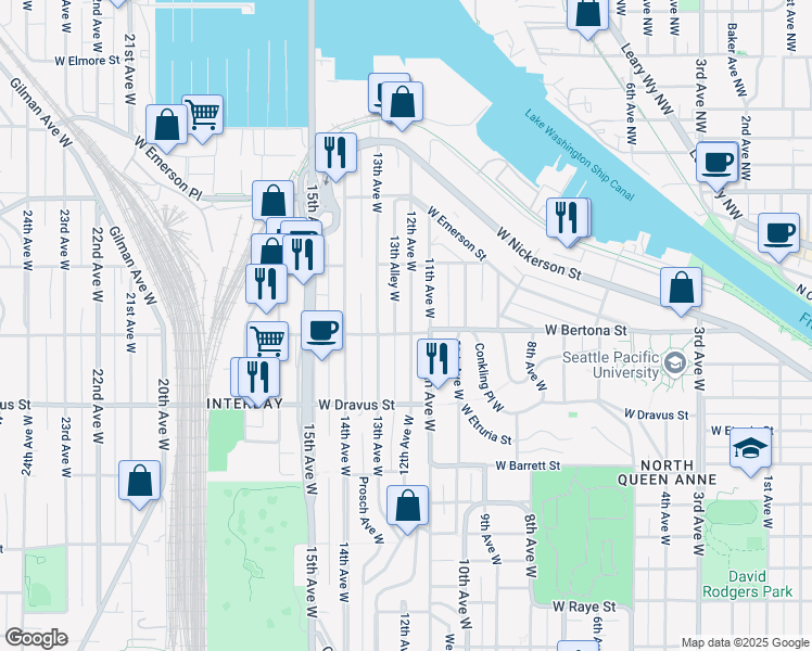 map of restaurants, bars, coffee shops, grocery stores, and more near 1214 West Bertona Street in Seattle