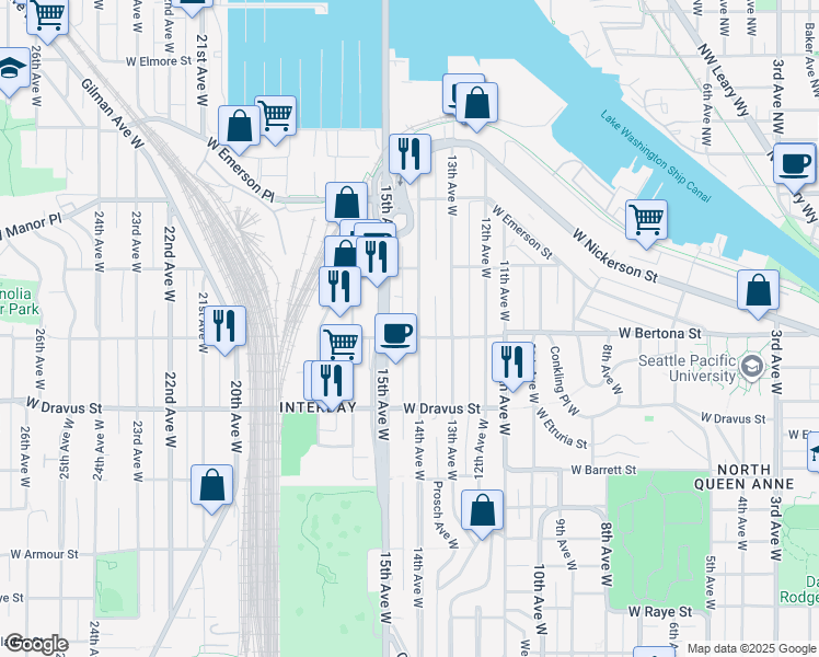 map of restaurants, bars, coffee shops, grocery stores, and more near in Seattle