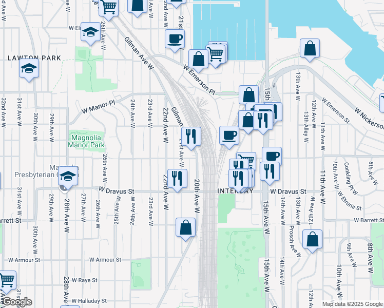 map of restaurants, bars, coffee shops, grocery stores, and more near 3407 Gilman Avenue West in Seattle
