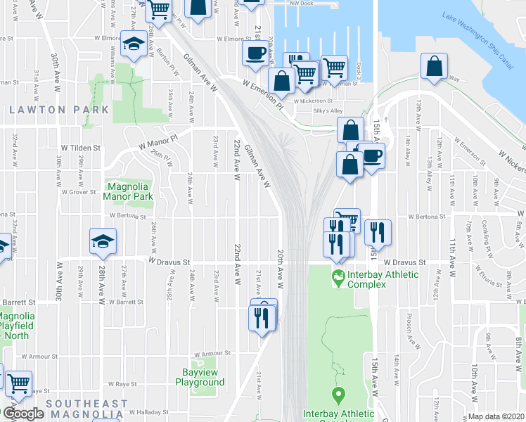 map of restaurants, bars, coffee shops, grocery stores, and more near 3403 21st Avenue West in Seattle