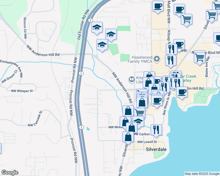 map of restaurants, bars, coffee shops, grocery stores, and more near 9588 Silverdale Loop Road Northwest in Silverdale