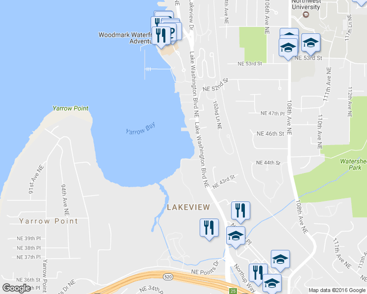 map of restaurants, bars, coffee shops, grocery stores, and more near 4511 Lake Washington Boulevard Northeast in Kirkland