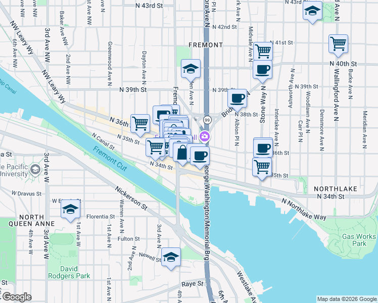 map of restaurants, bars, coffee shops, grocery stores, and more near 720 North 35th Street in Seattle