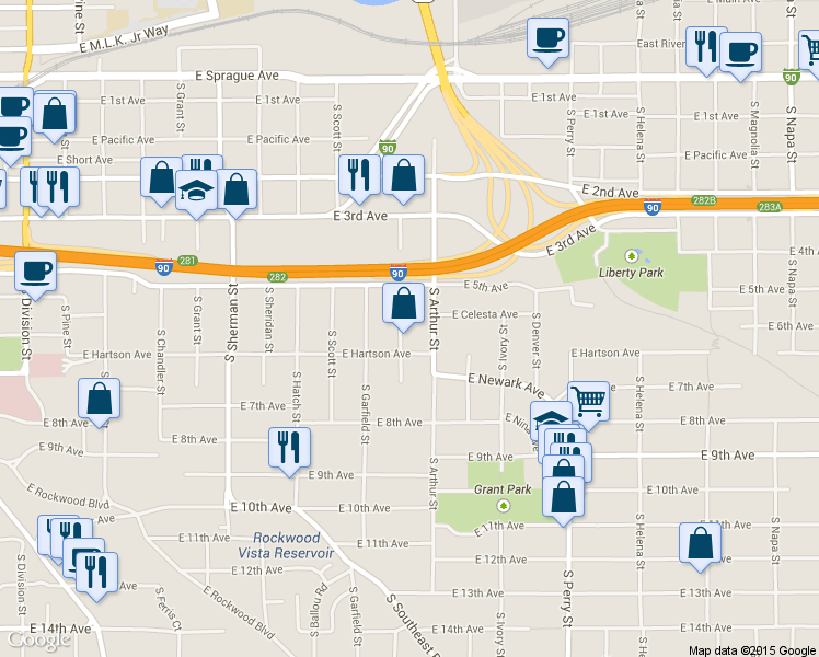 map of restaurants, bars, coffee shops, grocery stores, and more near 611 South Conklin Street in Spokane