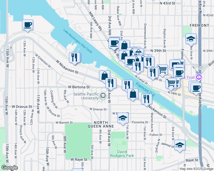 map of restaurants, bars, coffee shops, grocery stores, and more near 301 West Nickerson Street in Seattle