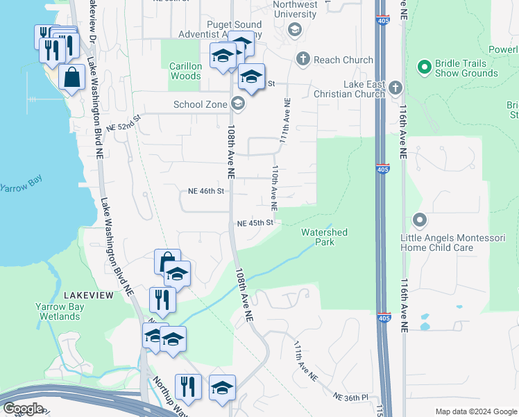 map of restaurants, bars, coffee shops, grocery stores, and more near 4525 110th Avenue Northeast in Kirkland