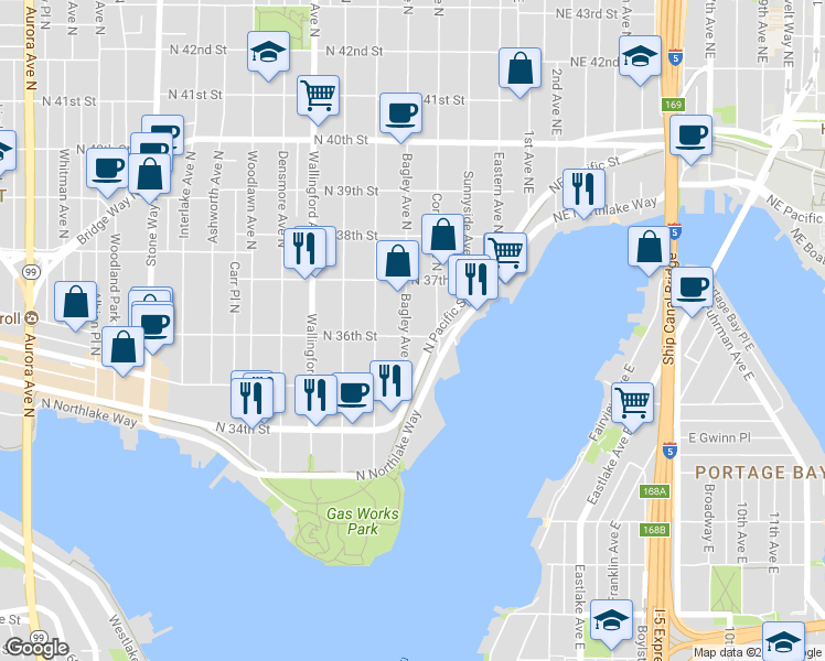 map of restaurants, bars, coffee shops, grocery stores, and more near 3602 Bagley Avenue North in Seattle