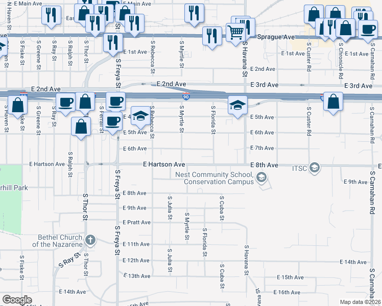map of restaurants, bars, coffee shops, grocery stores, and more near 4024 East 6th Avenue in Spokane