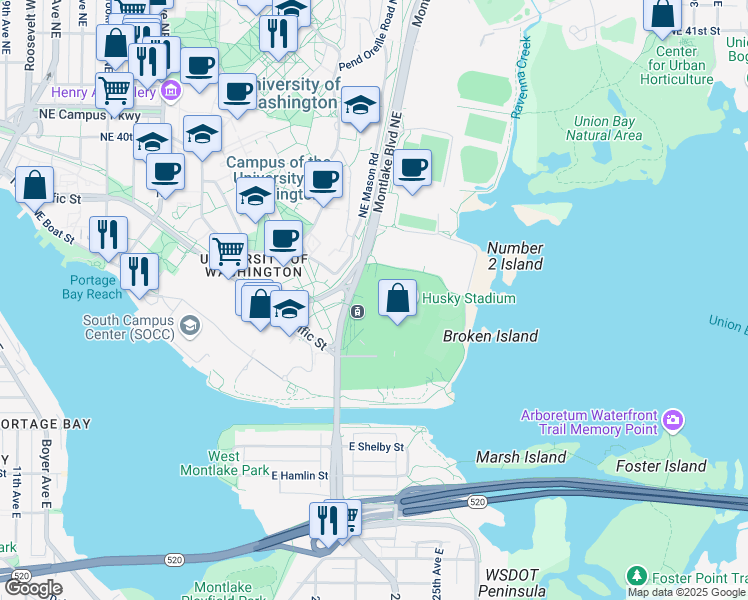map of restaurants, bars, coffee shops, grocery stores, and more near 3800 Montlake Boulevard Northeast in Seattle