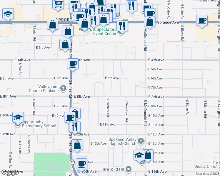 map of restaurants, bars, coffee shops, grocery stores, and more near 704 South Leta Road in Spokane Valley
