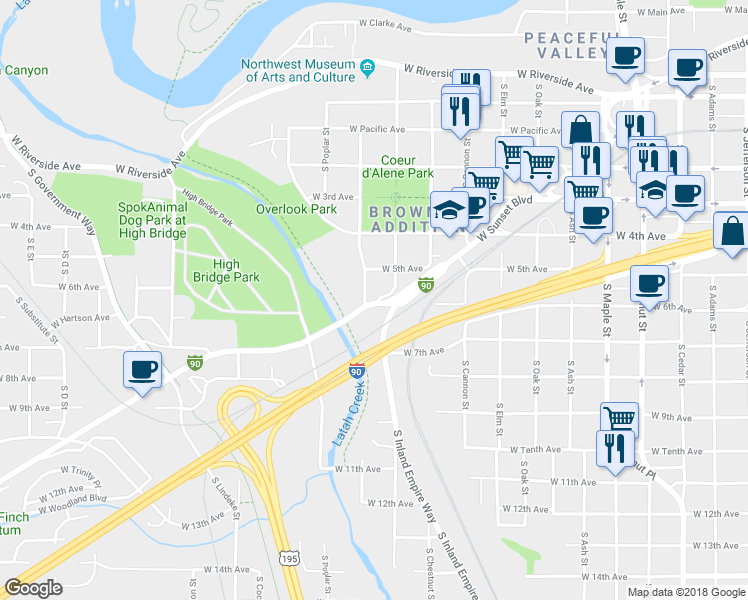 map of restaurants, bars, coffee shops, grocery stores, and more near 2200 West Sunset Boulevard in Spokane