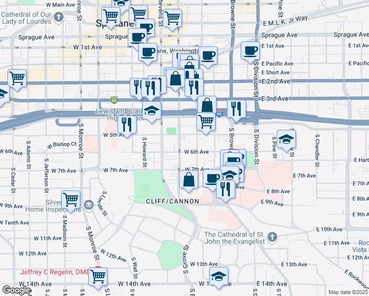 map of restaurants, bars, coffee shops, grocery stores, and more near 326 West 6th Avenue in Spokane