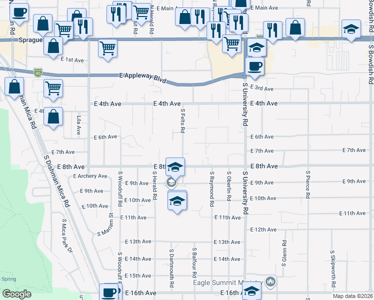 map of restaurants, bars, coffee shops, grocery stores, and more near 702 South Felts Road in Spokane Valley