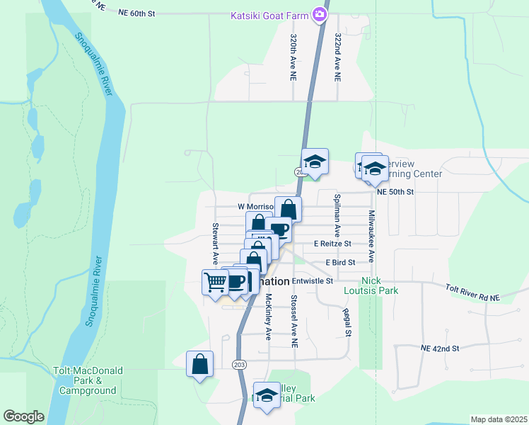 map of restaurants, bars, coffee shops, grocery stores, and more near 31849 West Morrison Street in Carnation