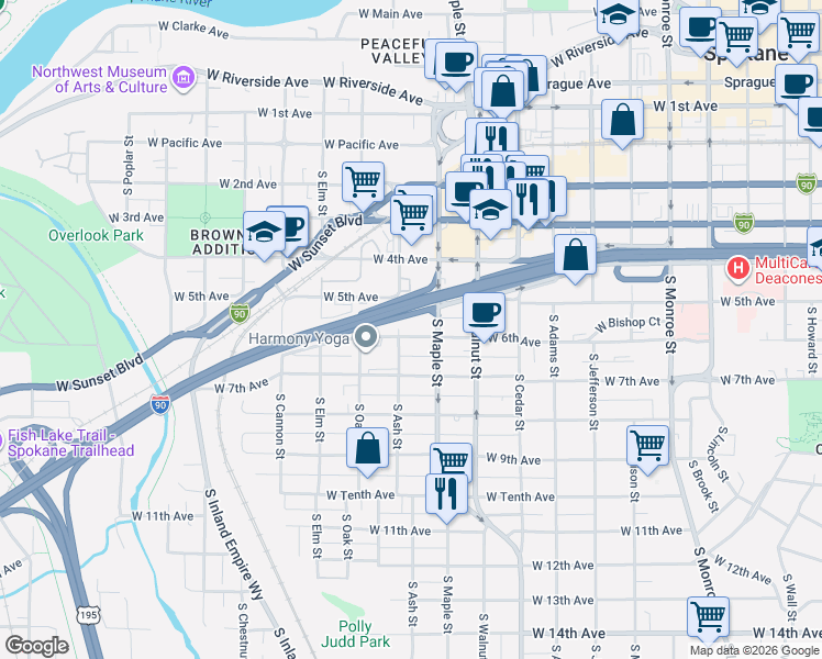 map of restaurants, bars, coffee shops, grocery stores, and more near 1624 West 6th Avenue in Spokane