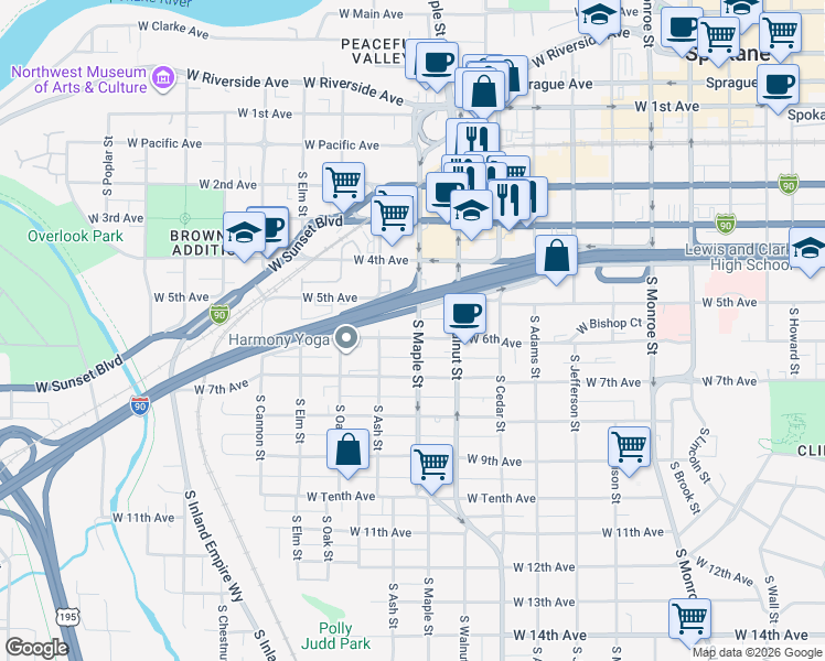 map of restaurants, bars, coffee shops, grocery stores, and more near 1604 West 6th Avenue in Spokane