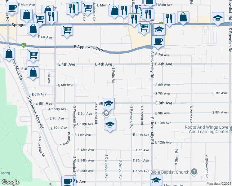 map of restaurants, bars, coffee shops, grocery stores, and more near 702 South Felts Road in Spokane Valley