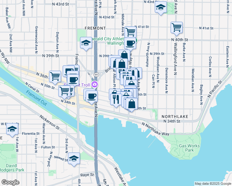 map of restaurants, bars, coffee shops, grocery stores, and more near 1058 North 36th Street in Seattle