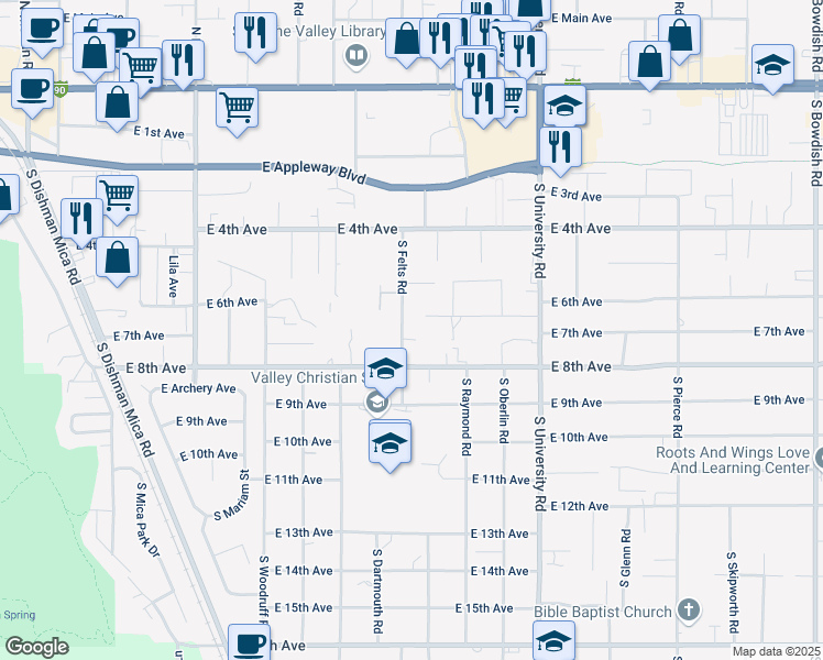 map of restaurants, bars, coffee shops, grocery stores, and more near 702 South Felts Road in Spokane Valley