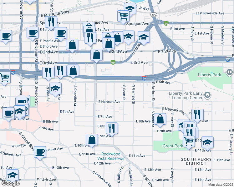 map of restaurants, bars, coffee shops, grocery stores, and more near 615 South Hatch Street in Spokane
