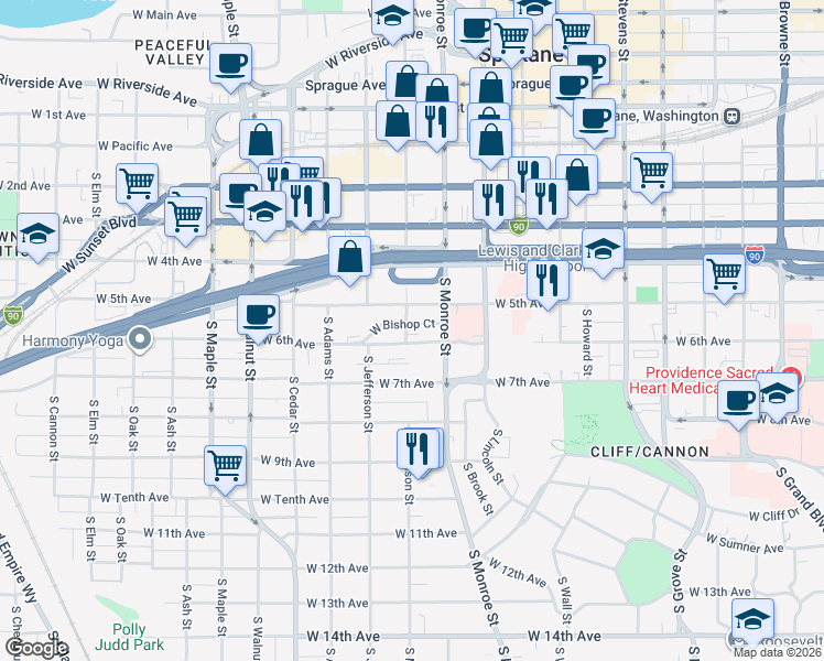 map of restaurants, bars, coffee shops, grocery stores, and more near 1026 West 6th Avenue in Spokane